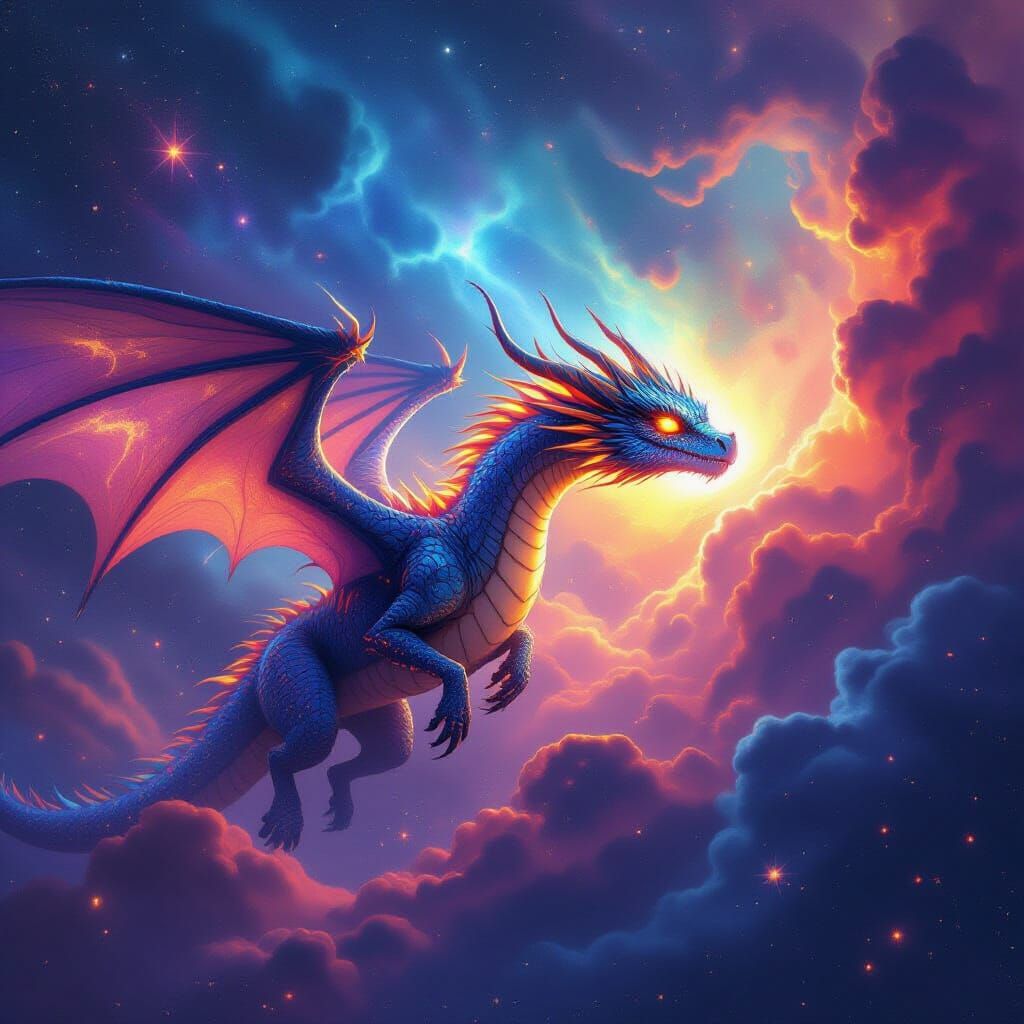 Bioluminescent Dragon Soaring Through Vibrant Nebula