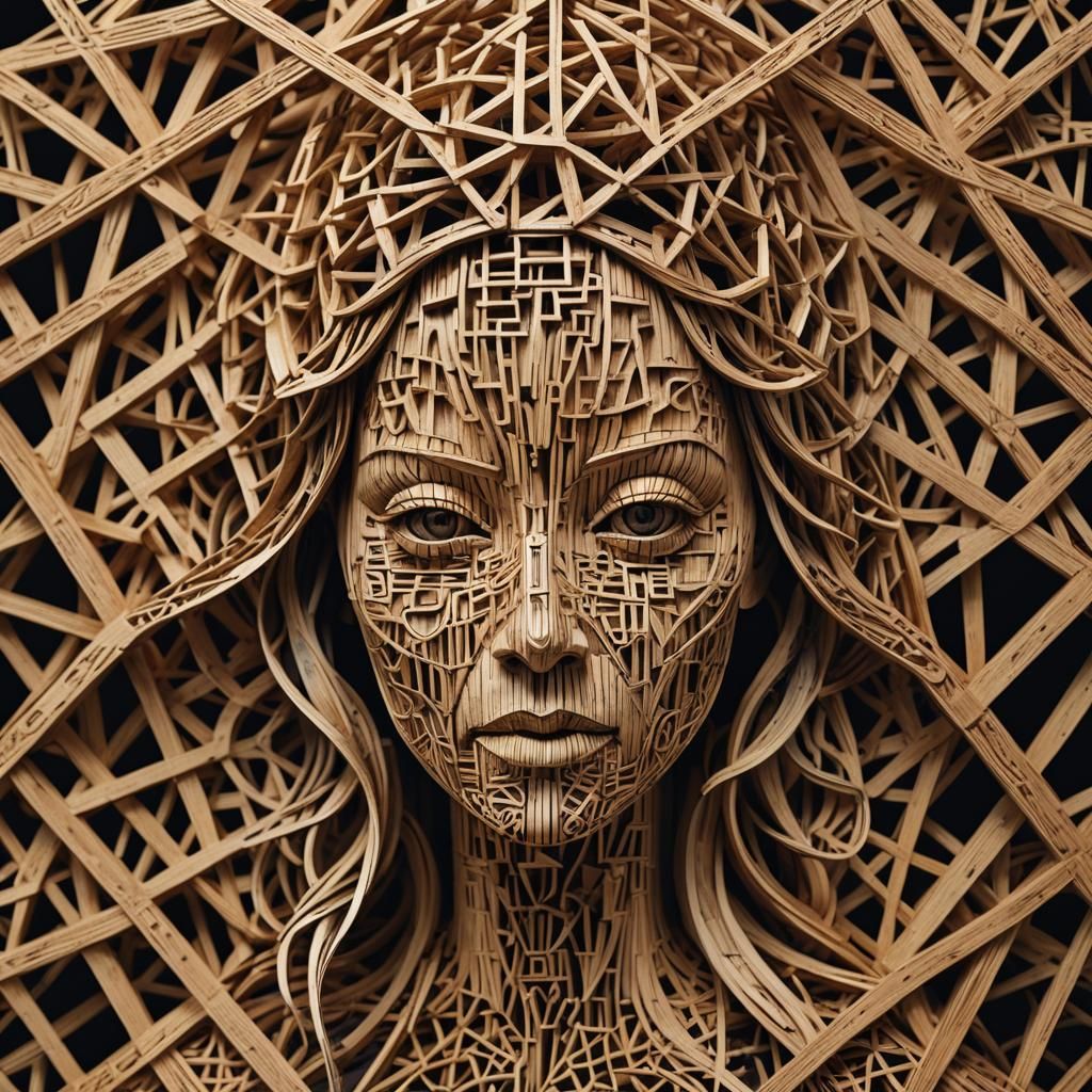 Surreal Wooden Sculpture of Woman's Head