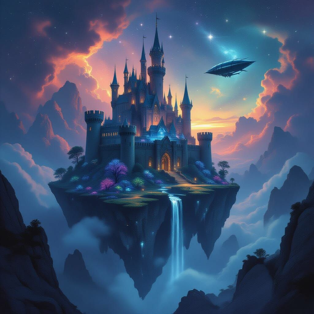 Ancient Castle on Floating Island in Nebula