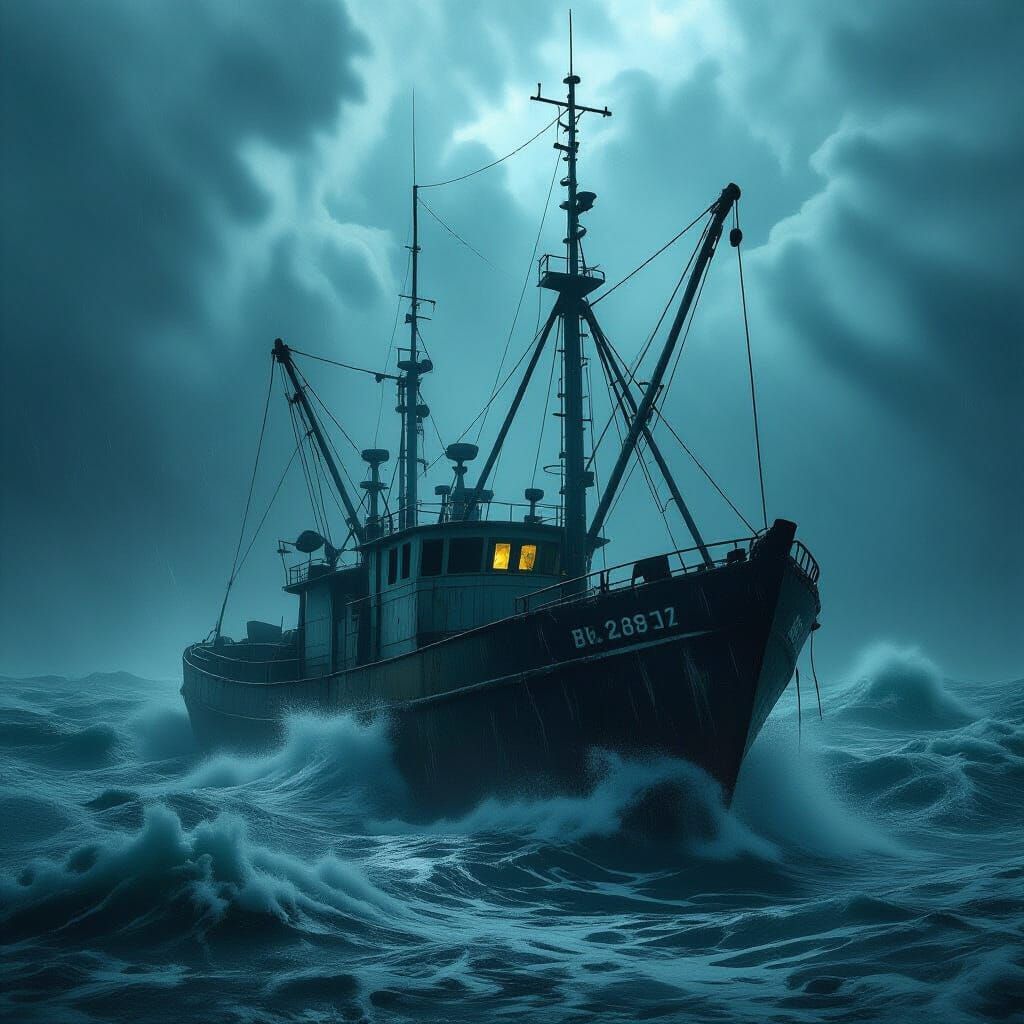 Derelict Fishing Boat in Hurricane Tempest, Dark Concept Art