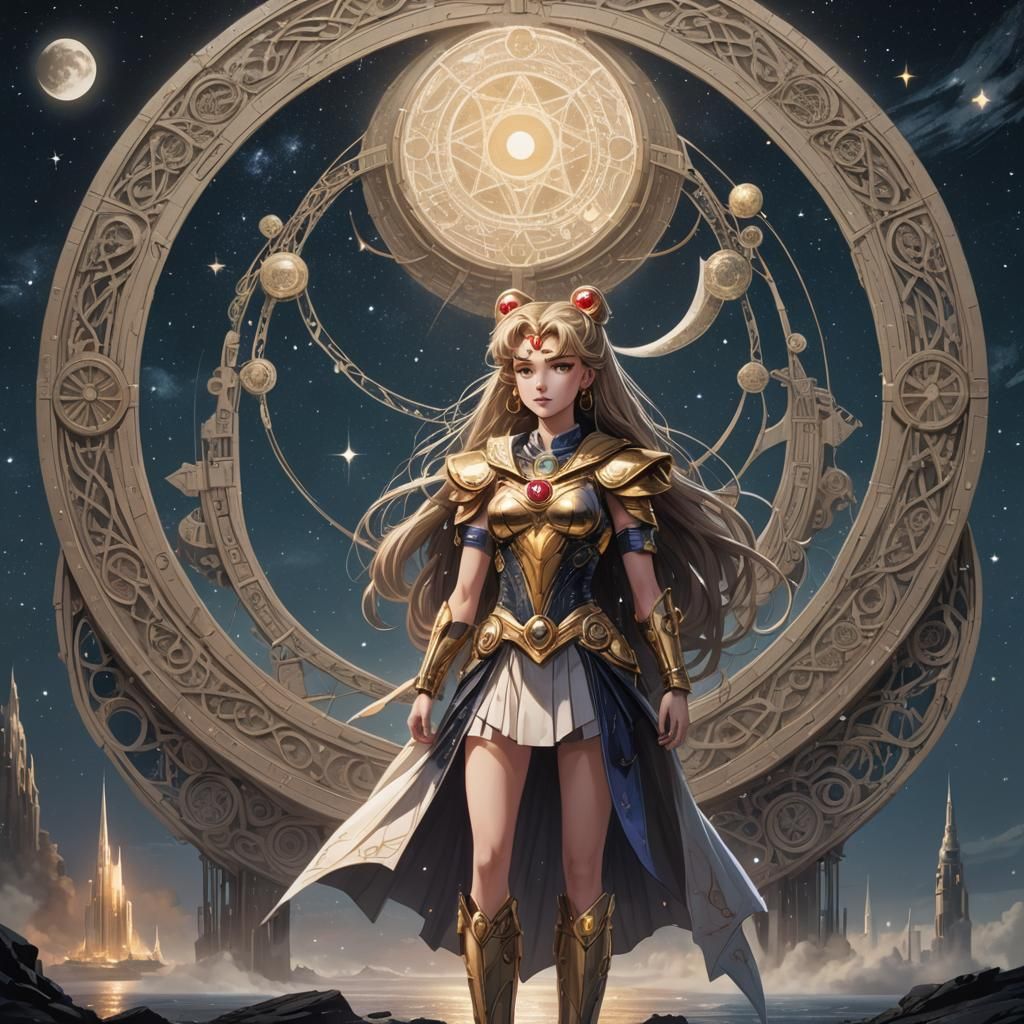 Celtic Warrior Queen and Spaceship in Starry Sky