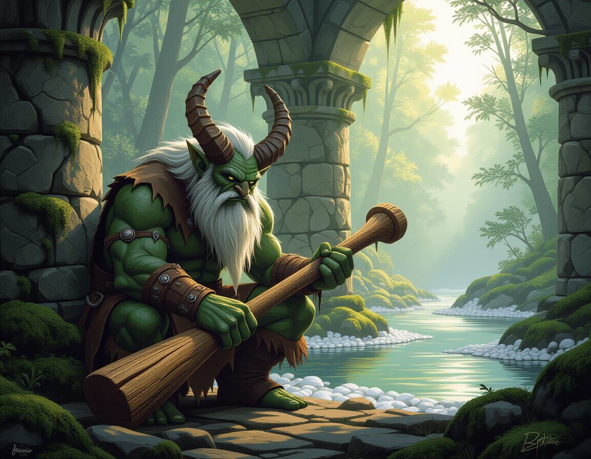 Troll Beside Ancient Bridge in Early Morning Light