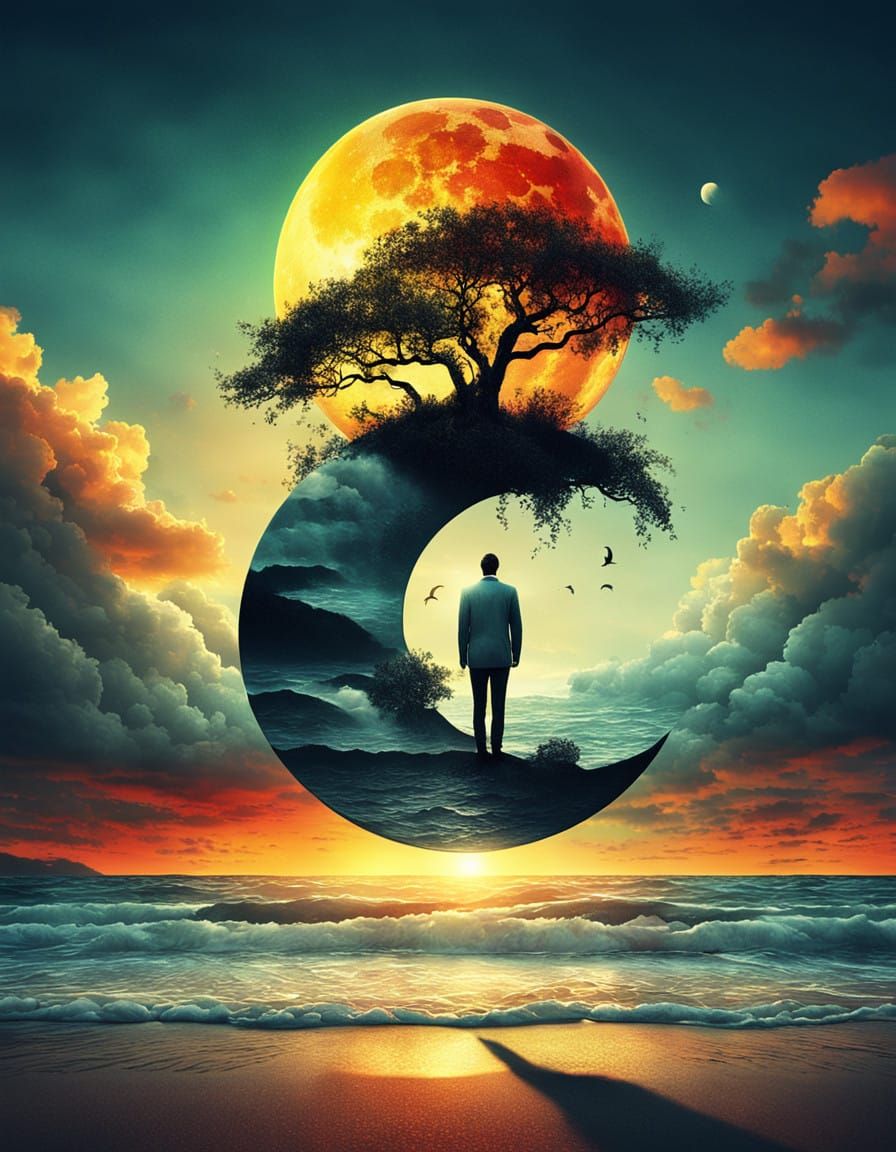 Surreal Yin Yang Sun Moon in Vibrant Sunset Colors