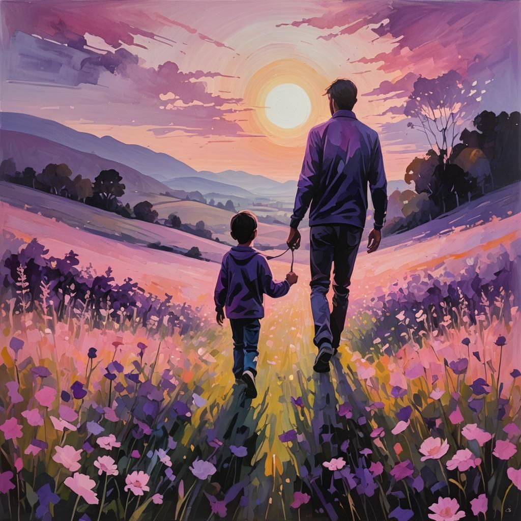 Father and Son Silhouette in Abstract Sunset