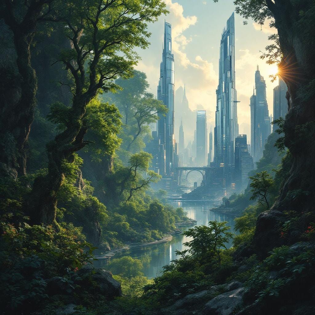 Futuristic Cityscape Meets Ancient Forest: Oil Realism