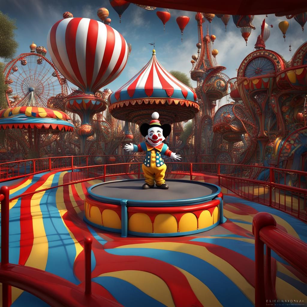Joyful 3D Clown in Amusement Park Ferris Wheel