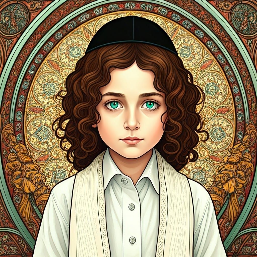 Stained Glass Window Depicting a Young Hasidic Boy with Brig...