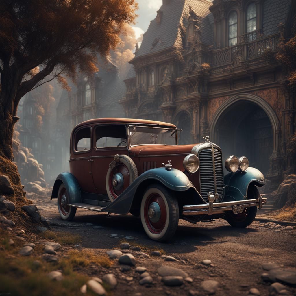 Man with Classic Car: Detailed Matte Painting