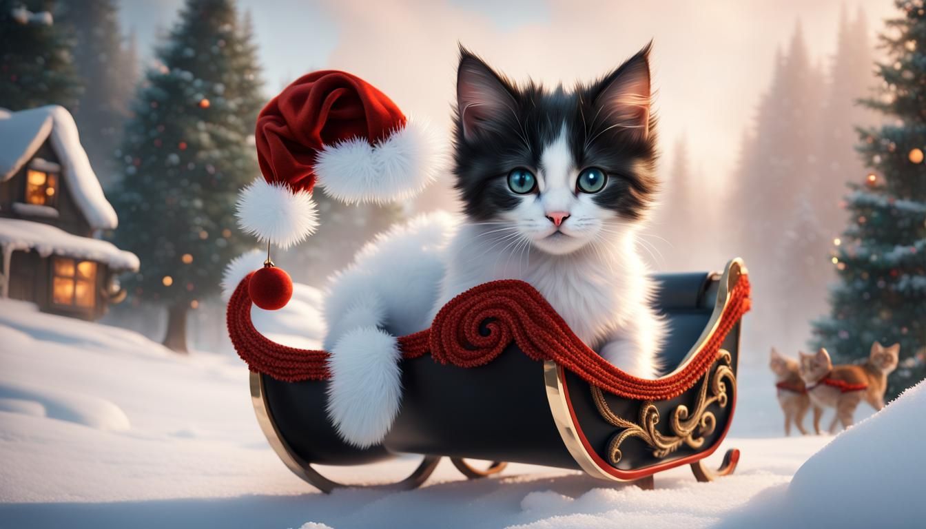 White,black,ginger fluffy kitten dressed as 1920 flapper  at christmas trees headband on the snow in a sleigh
 detailed ...