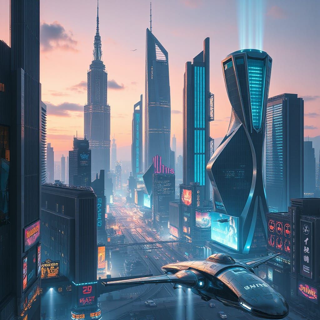 Futuristic Metropolis with Flying Spaceships in Hyperrealism