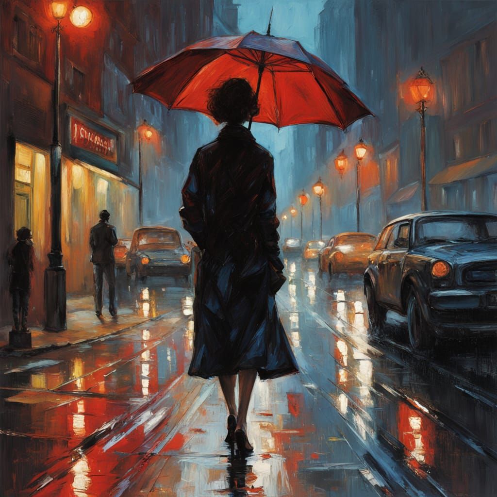 Elegant Woman in Rainy Metropolis Night, Textured Impasto St...