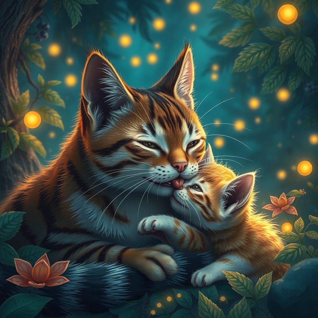 Whiskered Cat Tends to Dreamlike Kitten in Lush Forest