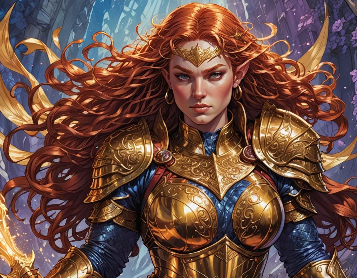 Fantasy Elf in Golden Armor, Comic Book Art