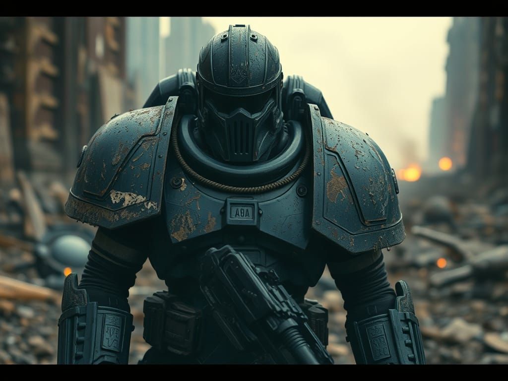 Ultramarine Warrior in Apocalyptic Battlefield Ruins
