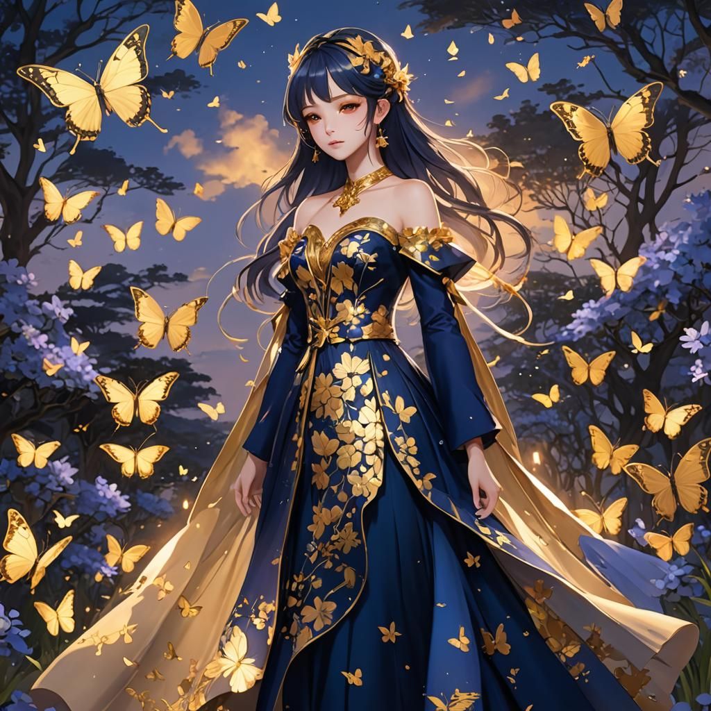 Anime Girl Nami in Indigo and Gold Twilight