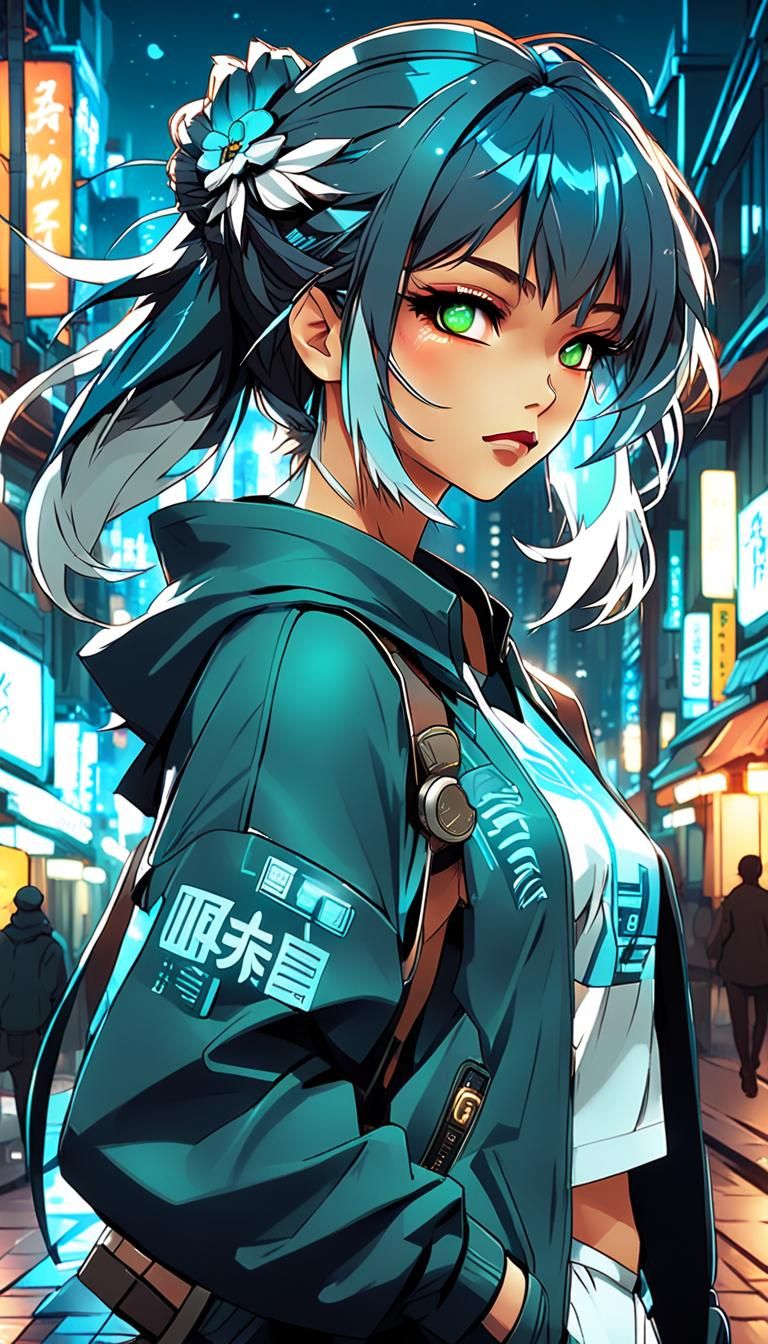 Anime Girl in Urbancore Fashion, Cel-Shaded Digital Art