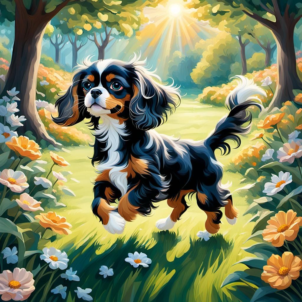 Puppy and Kitten Play in Whimsical Oil Painting