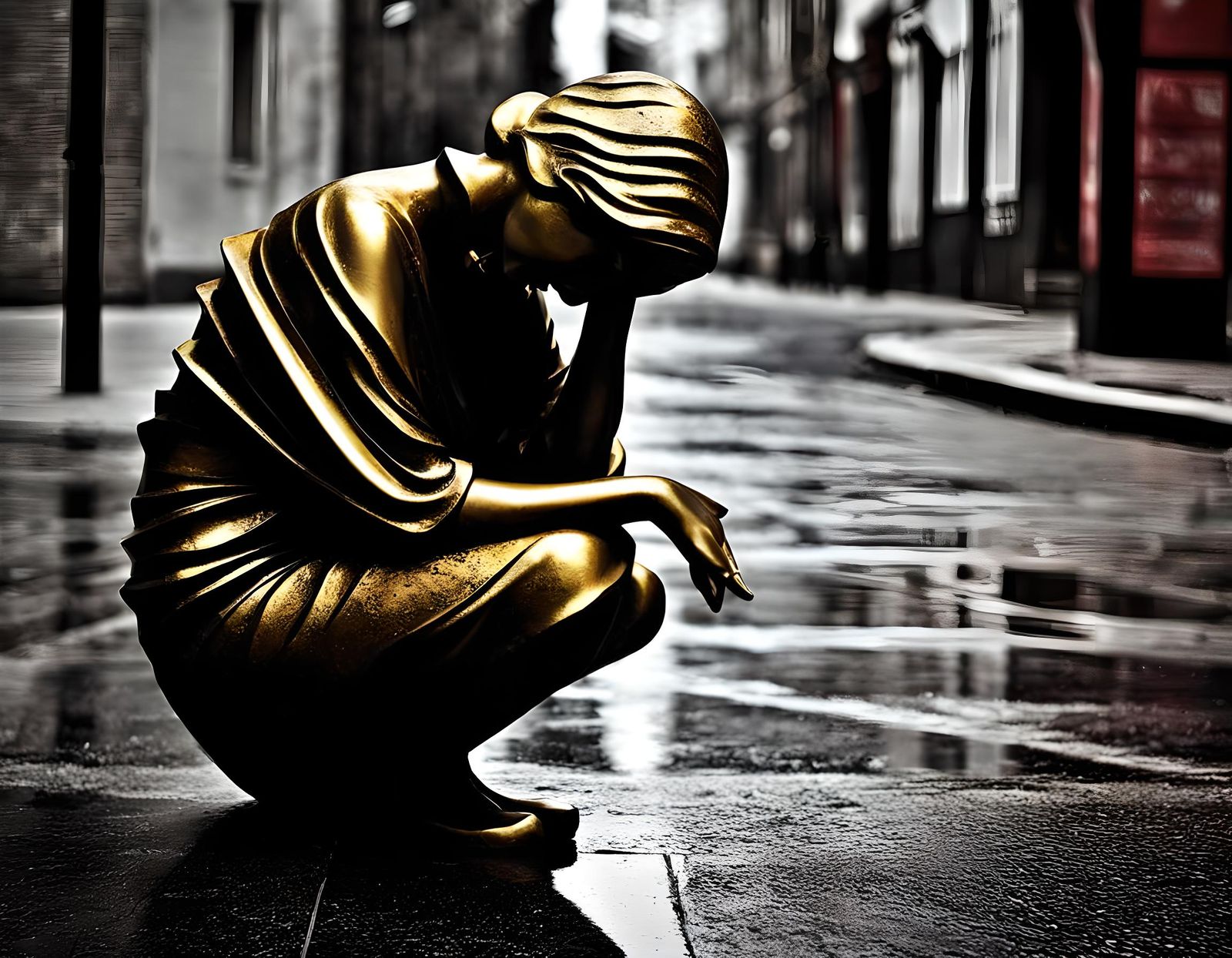 Crying Woman Sculpture in Metallic Digital Art Style