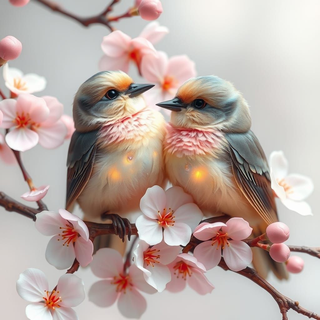Whimsical Birds Among Cherry Blossoms