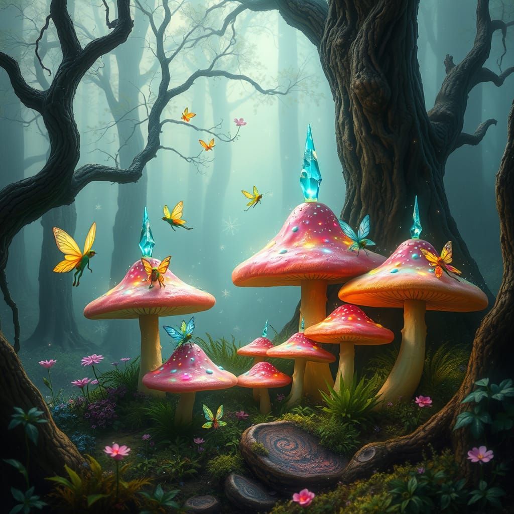 Whimsical Fairy Village Among Glowing Mushrooms in an Ancien...