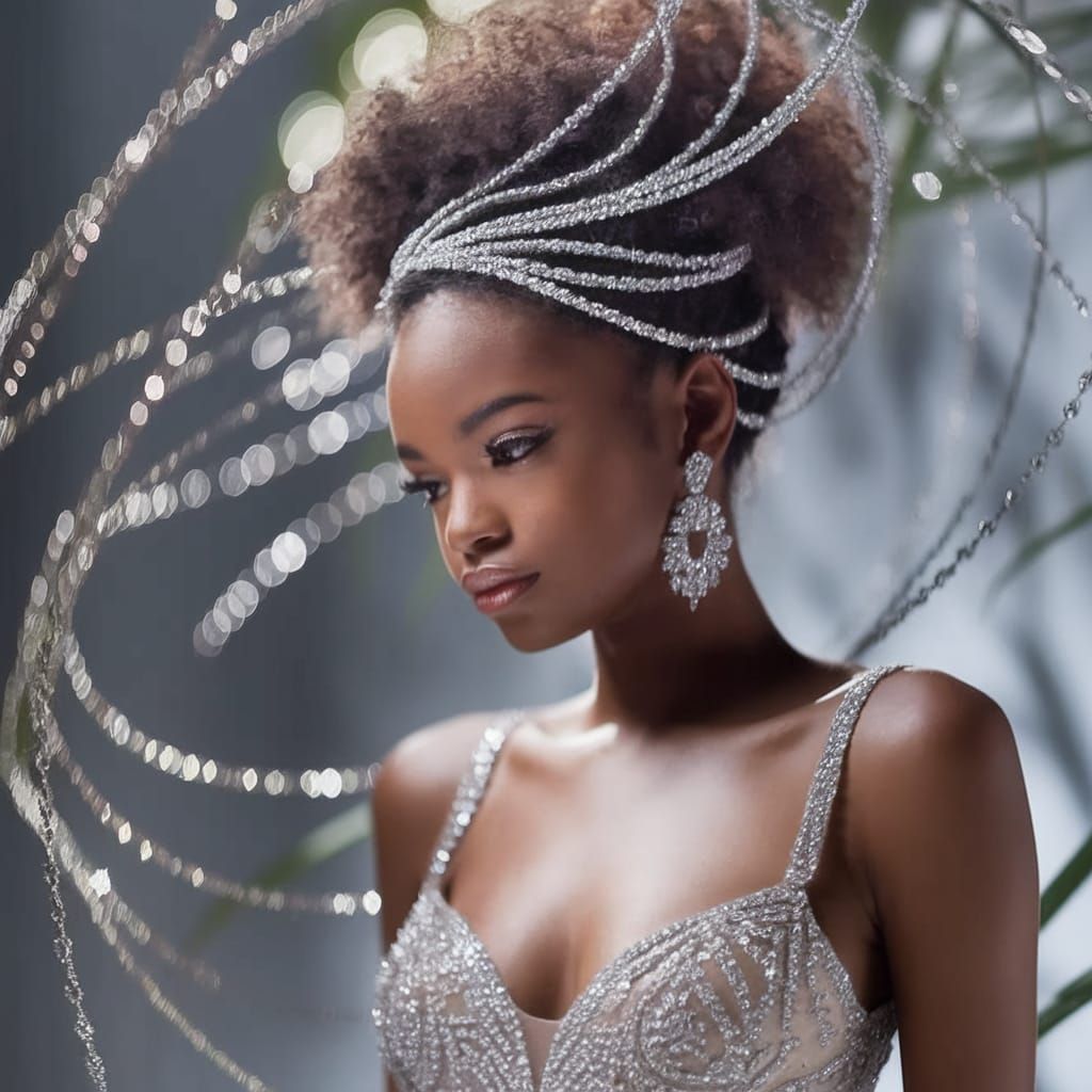 Young Black Woman in Dazzling Diamond-Studded Gown