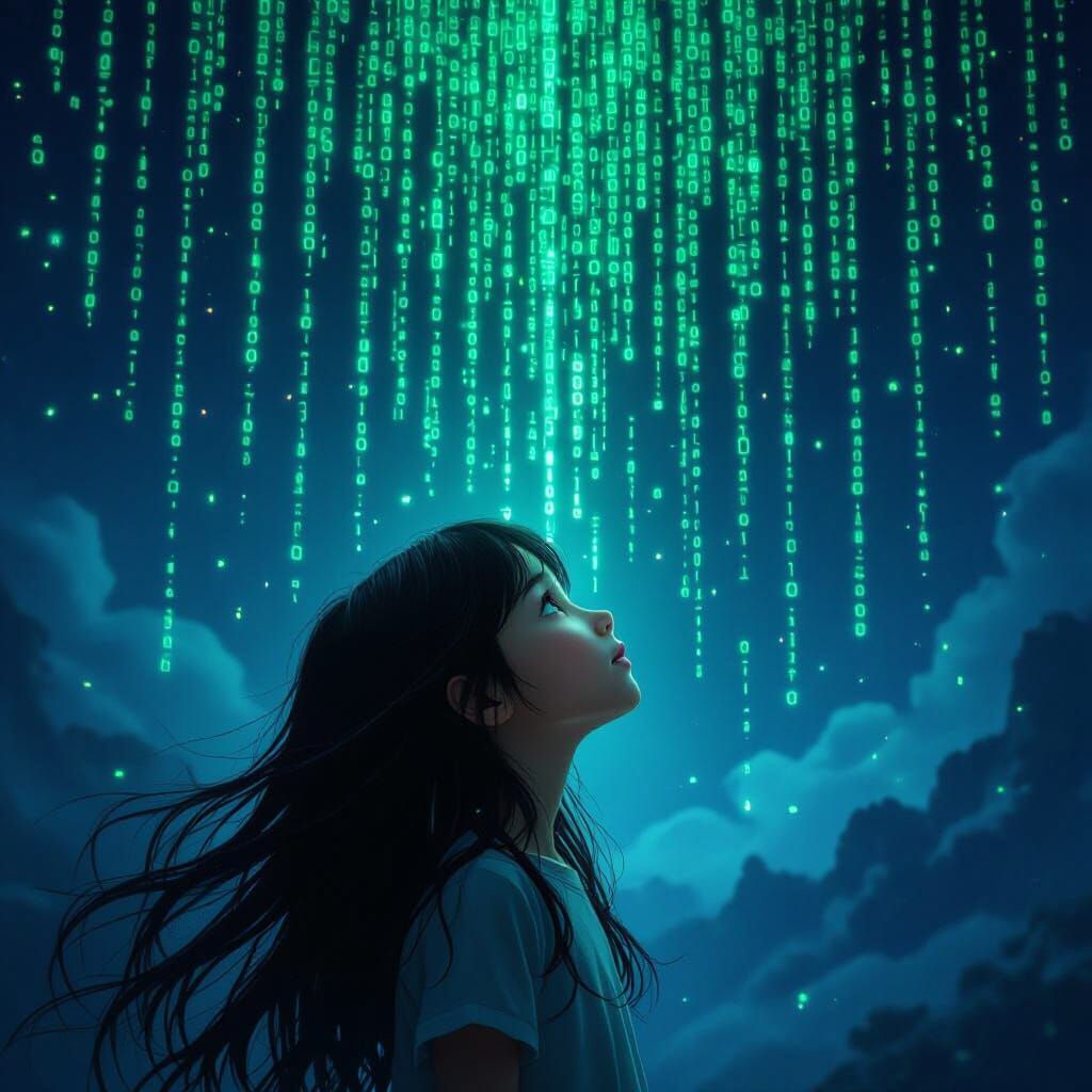 Girl Gazes at Digital Code Night Sky