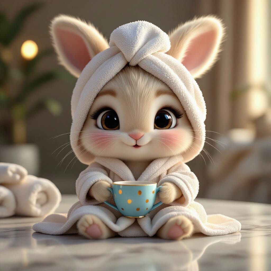 Cute Bunny in Bathrobe Enjoying Spa Morning