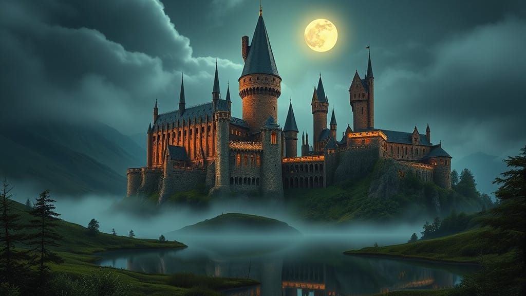 Majestic Hogwarts Castle Under Moonlit Sky