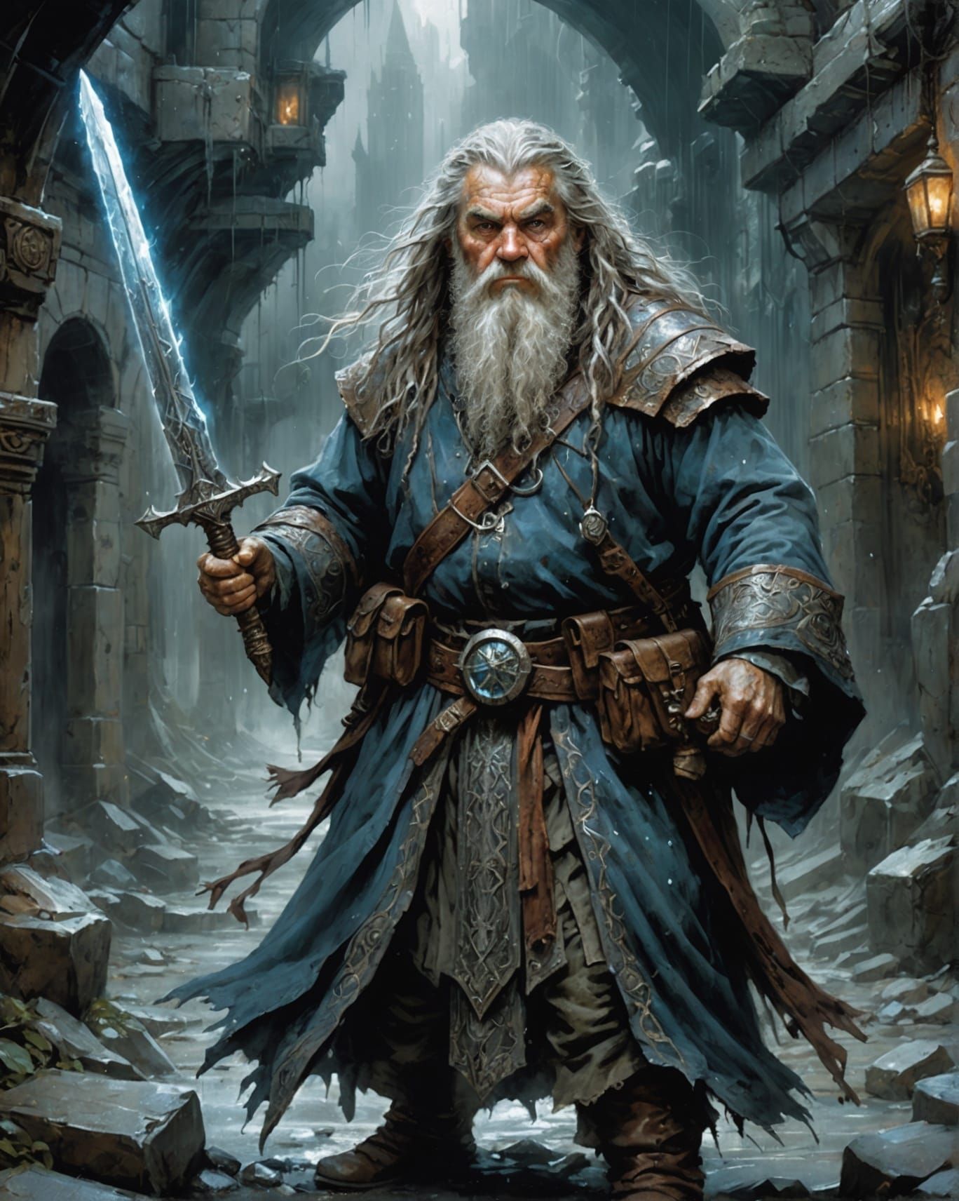 Dwarf Wizard in Underground City with Magic Sword