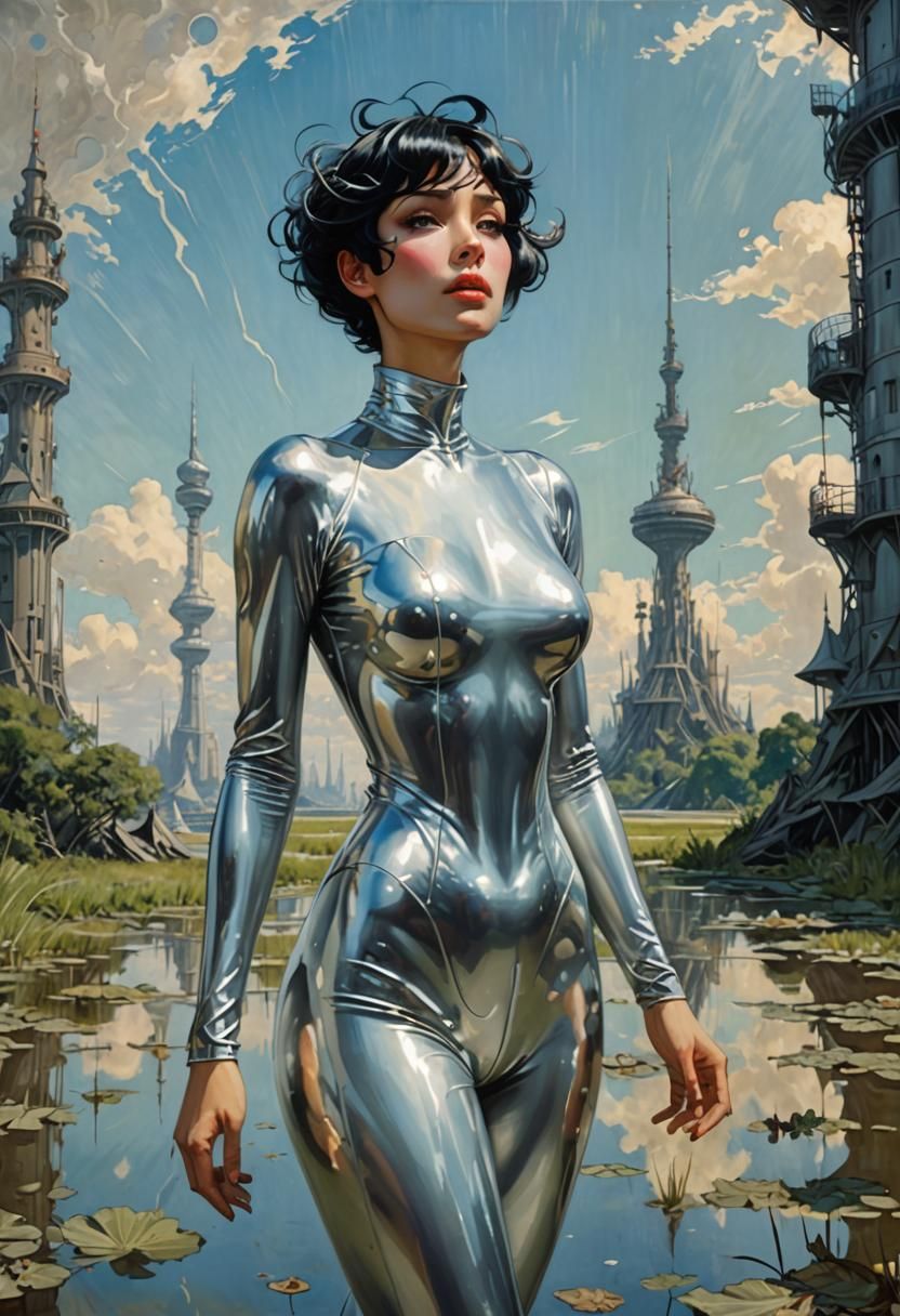 Woman in Silver Latex Suit, Art Nouveau Style