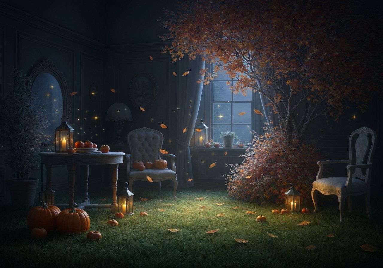Victorian Halloween Living Room with Autumn Garden