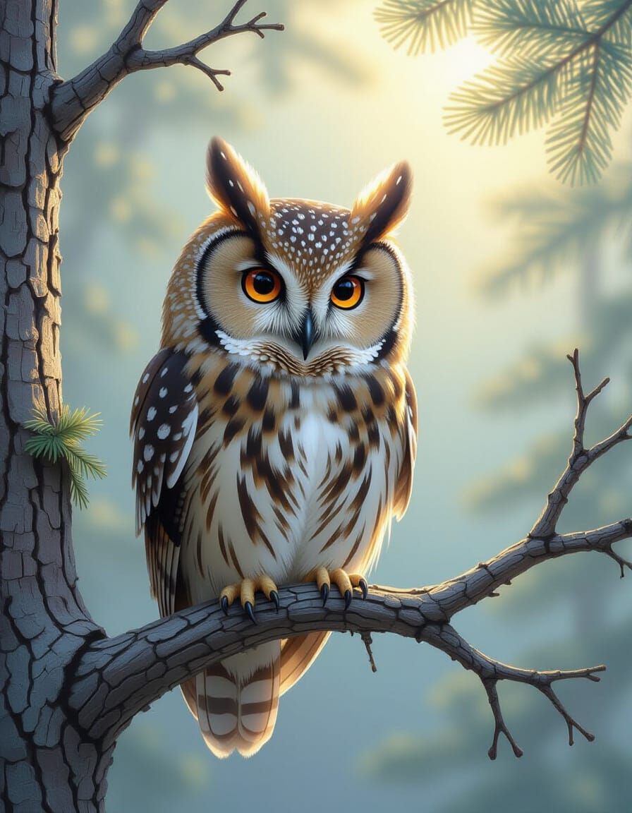 Flammulated Owl on Branch in Ethereal Mist