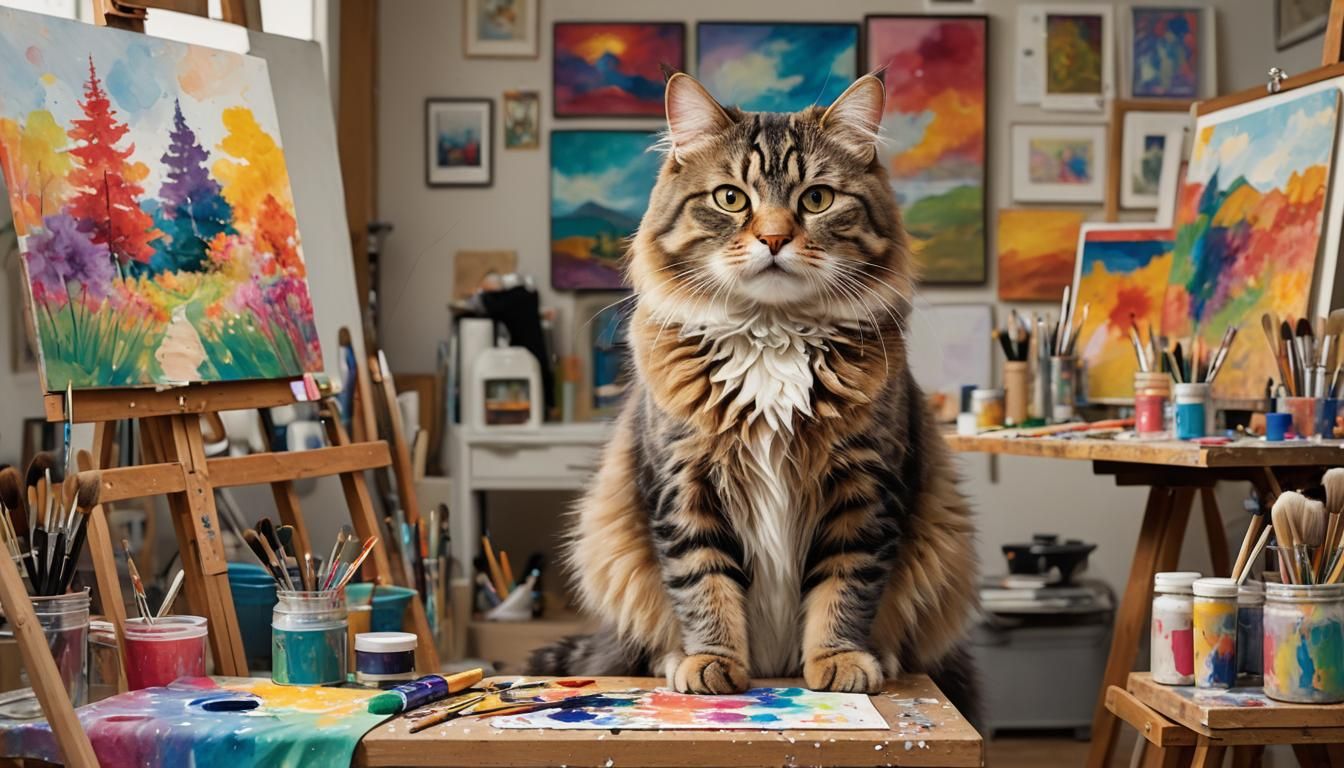 Tabby Cat Painting a Landscape in Art Studio