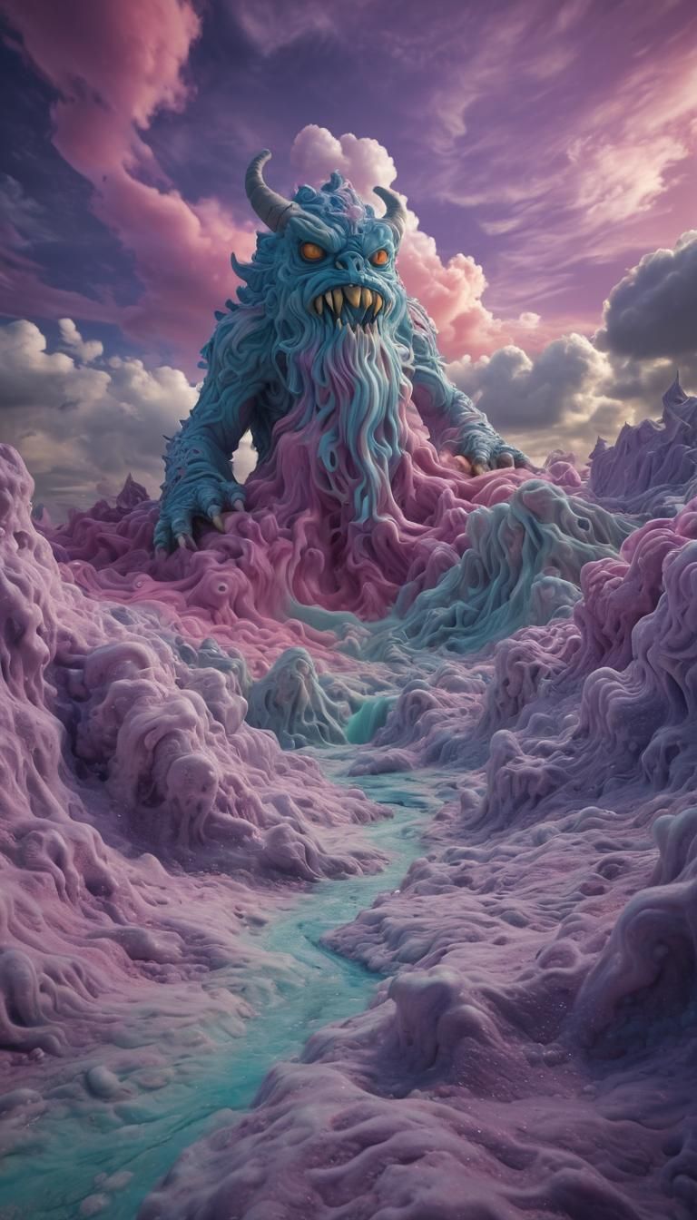 Monster in Dreamlike Landscape with Colored Foam