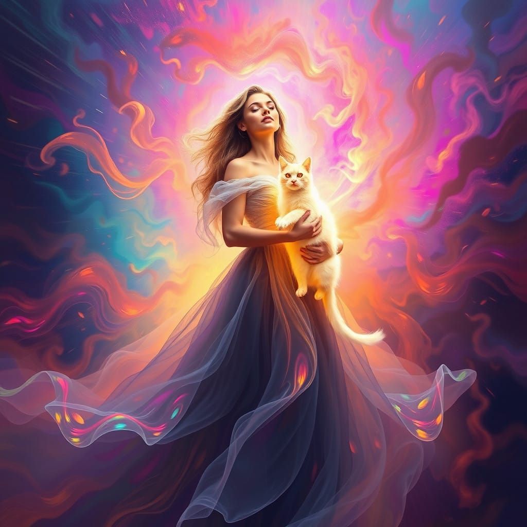 Woman in Dreamlike Aura with Glowing Cat