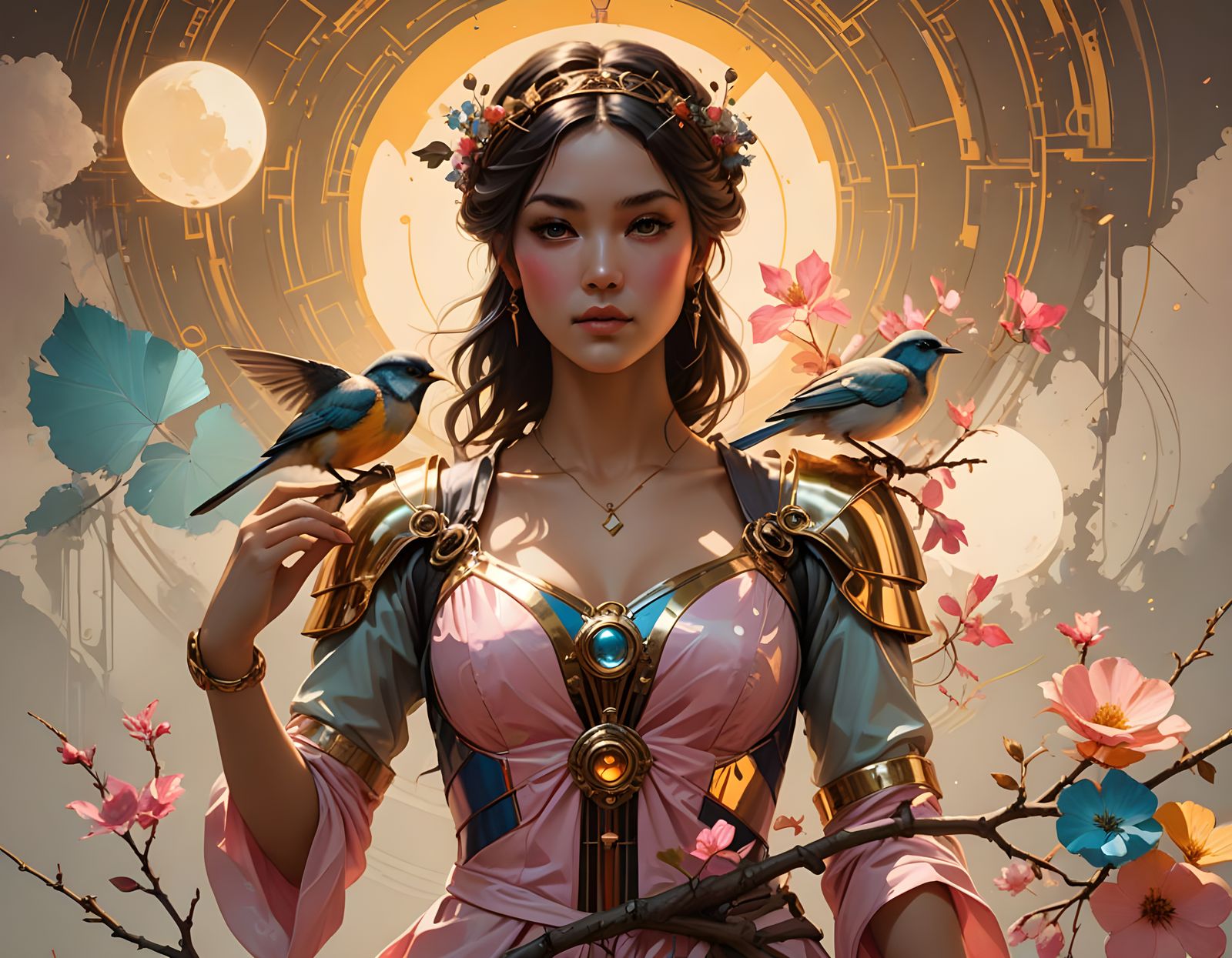 Enchanting Sumi-e Portrait of a Bird Lady in Whimsical 50's ...