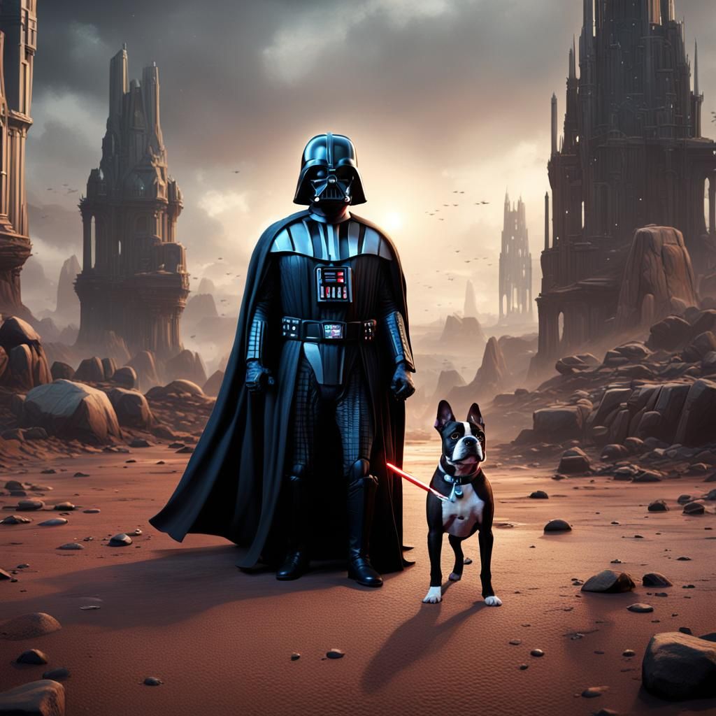 Darth Vader with Boston Terrier in Detailed Matte Painting