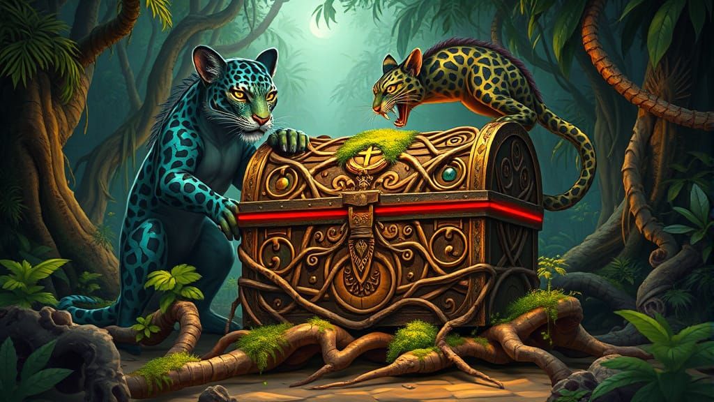 Iridescent Jaguar Deity Guarding Mossy Treasure