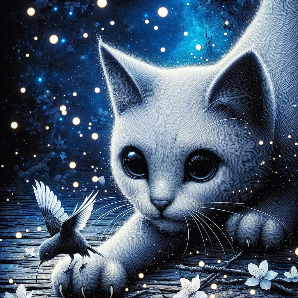 Elegant White Cat Hunting Under Sakura Sky