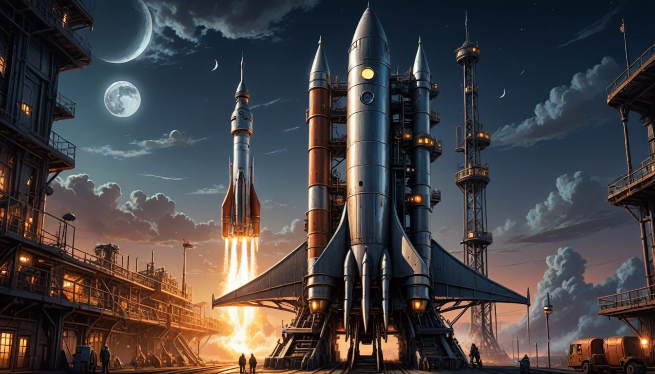 Steampunk Moon Rocket on Launchpad in Twilight