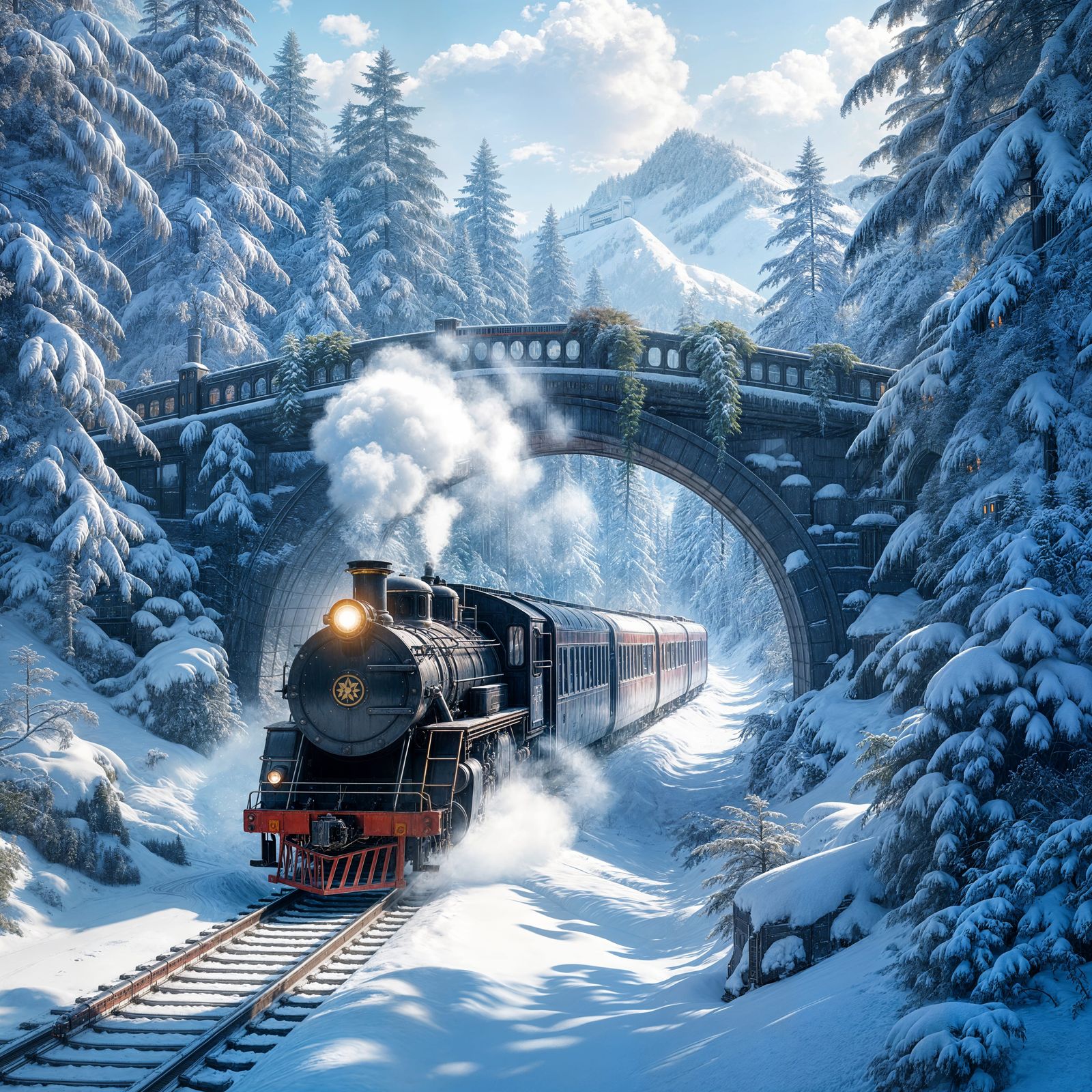 Futuristic Anime Train in Snowy Forest
