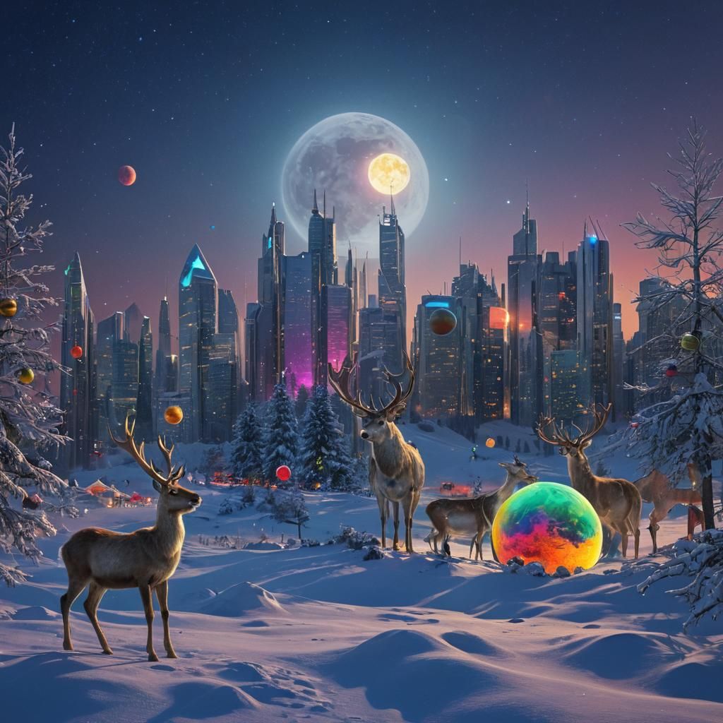 Cosmic Christmas: Reindeer in a Sci-Fi Cityscape