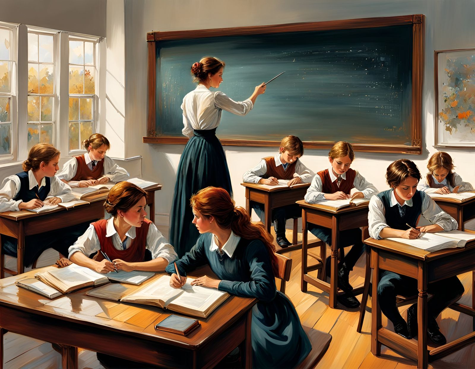 Classroom Scene in Loose Oil Painting Style
