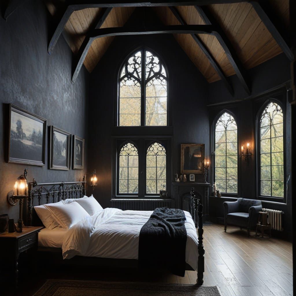 Gothic Bedroom with Loft Library and Forest View
