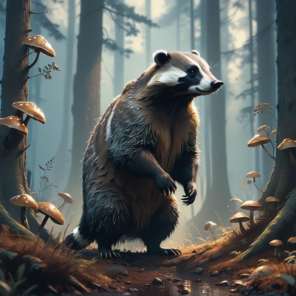 Giant Badger in Misty Forest, Matte Painting Style