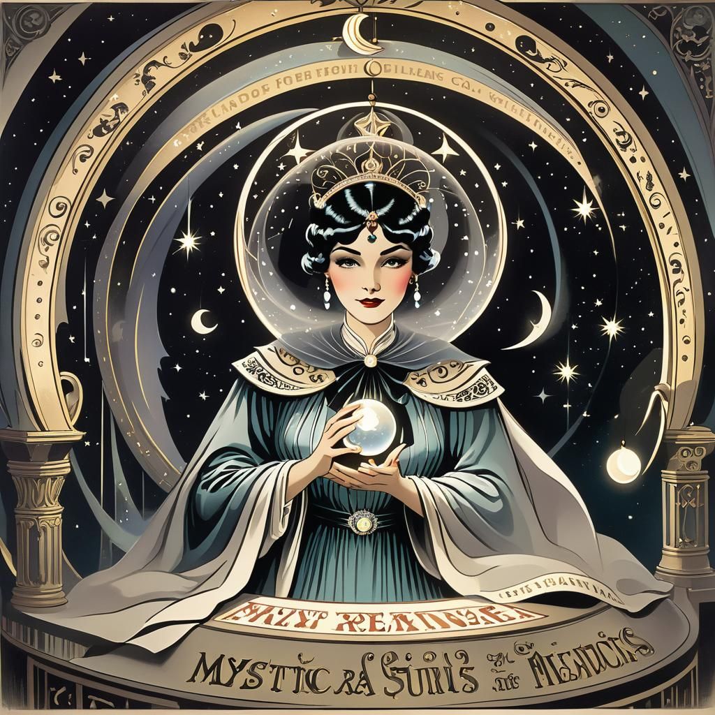 Mystical Carnival Fortune-Teller in Whimsical Art Deco Style