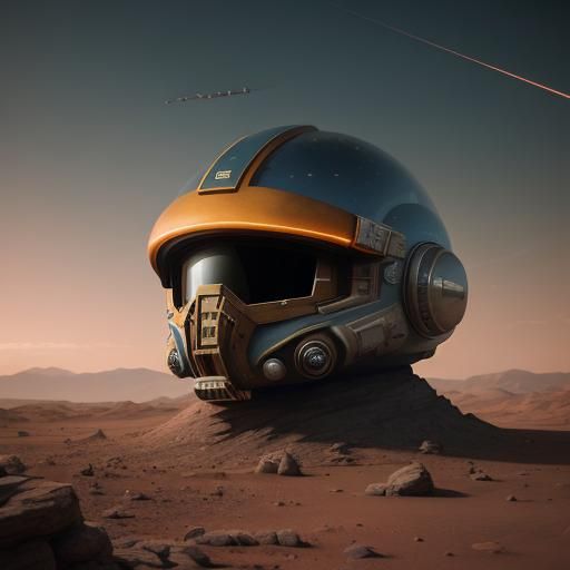 Astronaut on Mars with Vintage Rocket