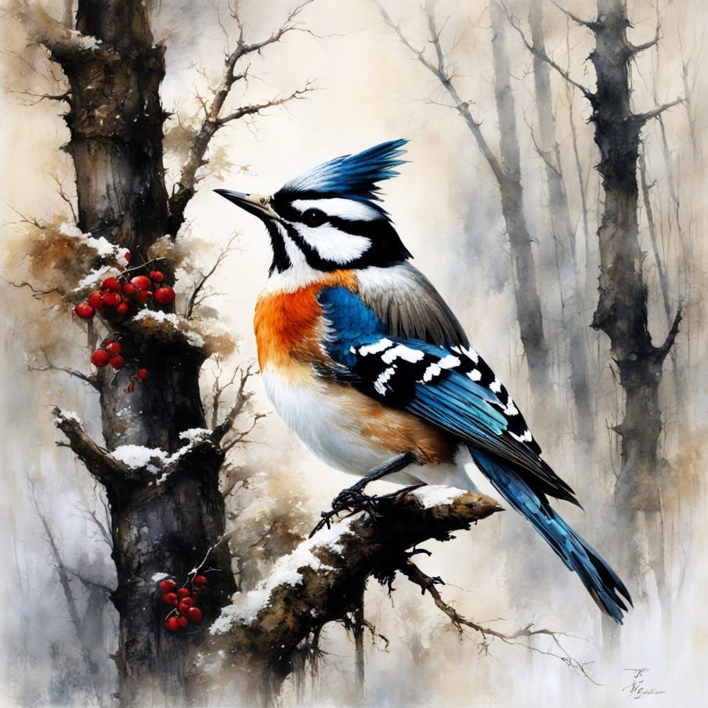 Woodpecker in a Vintage Winter Forest Illustration