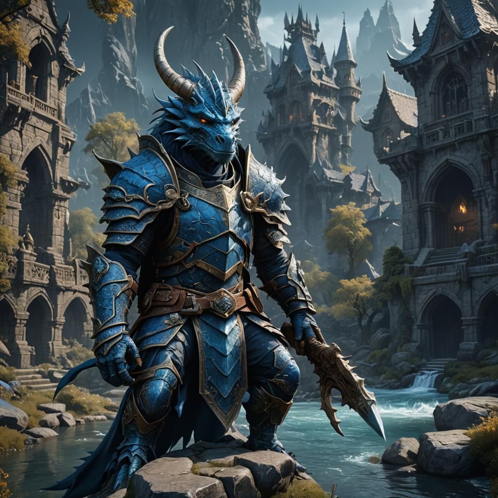 Epic Blue Dragonborn Concept Art in Stunning 8K Resolution