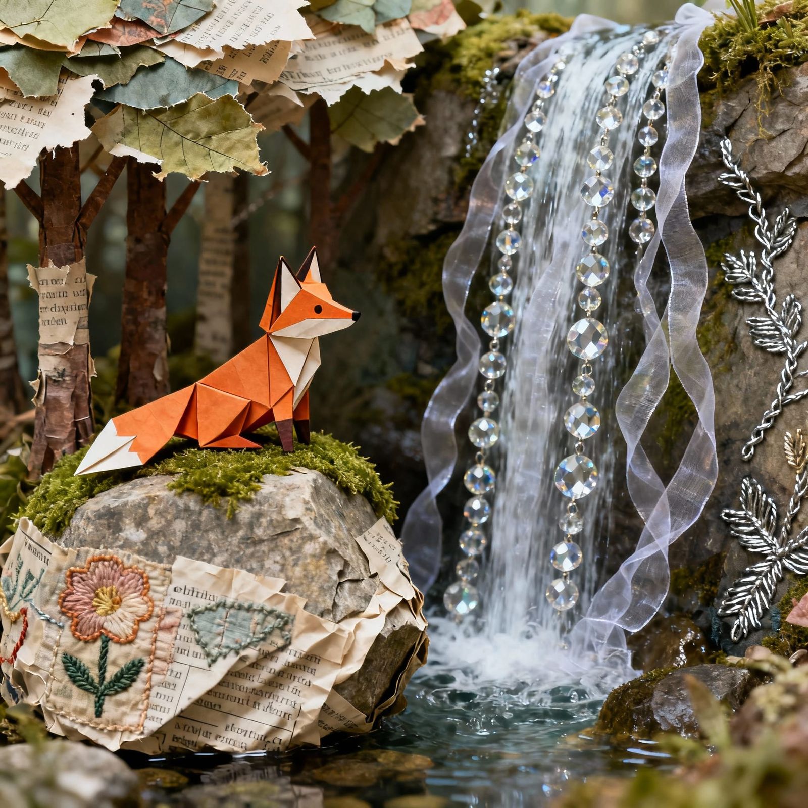 Origami Fox by Crystal Waterfall in Mixed Media Landscape